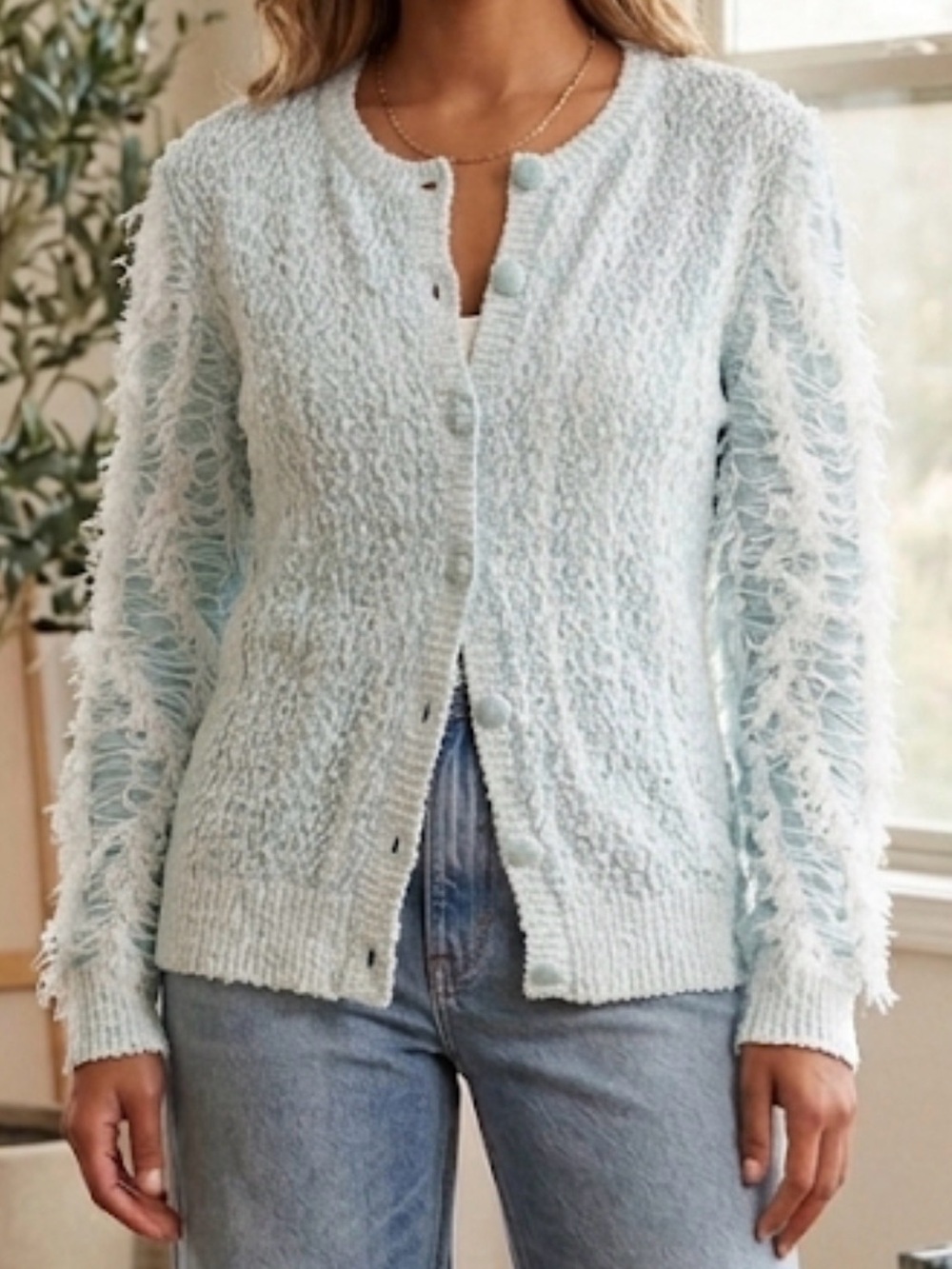 Nina Ricci Pale Blue Textured Button Cardigan